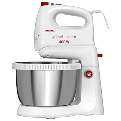 Immagine di MPM MMR 21Z Impastatrice per Pasticceria con Ciotola Rotante 3,5 L, senza BPA, 5 Velocità + Turbo, Ciotola, Aste e Gancio Impastare in Acciaio Inossidabile, Bianco, 400W