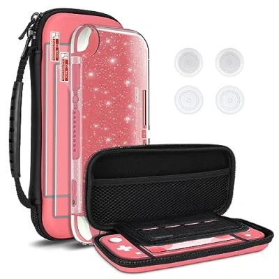Immagine di DLseego Custodia da Trasporto Compatibile con Switch Lite, Viaggio Portatile Guscio Duro, 1 Glitter, 2 Proteggi Schermo e 4 Copripollice per Lite Rosa