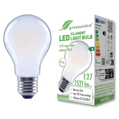Immagine di greenandco Lampadina A filamento LED smerigliata E27 A60 7,2 W 1521 lm sostituisce 100 3000 K bianco caldo 320 230 V senza sfarfallio Classe energetica non dimmerabile