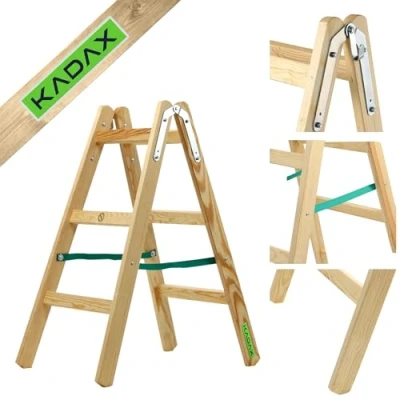 Immagine di KADAX Scala a Pioli Doppia in Legno di Pino Impregnato, Scaletta Pieghevole con Gancio Acciaio e Certificata EN 131, Fino 150 kg (3 Gradini)