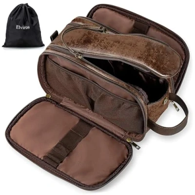 Immagine di Elviros Borsa da Toilette grande Viaggio Beauty case in pelle resistente all&#039;acqua Organizer per Articoli Toeletta con Asciutta Bagnata Gratuita, Colore cioccolato, 30,5 x 17 18 cm