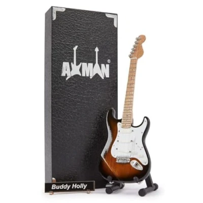 Immagine di Buddy Holly Replica di chitarra in miniatura, regalo musicale, fatta a mano, scala 1/4, include una scatola espositiva, targhetta per il nome e supporto miniatura