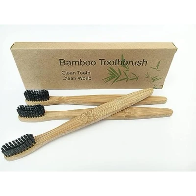 Immagine di Spazzolino da denti con manico in legno di bambù e setole fibre bambù,100% riciclabile, ecologico, set 3 pezzi