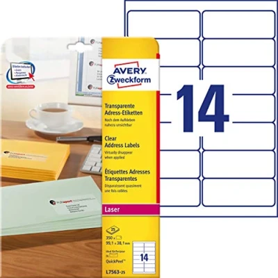 Immagine di Avery Zweckform, L7563 25, 25 fogli, Etichette trasparenti 99,1 x 38,1 mm