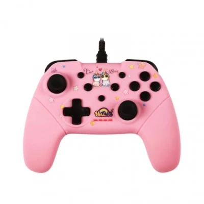 Immagine di Konix Controller cablato Unik per Nintendo Switch, Switch OLED e PC, cavo da 3 m, motivo Be Love, unicorni, rosa