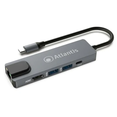 Immagine di ATLANTIS A04 TC_LANHD+PU Mini Docking Station USB C (Type C) a HDMI 4K, Ethernet RJ45 Gigabit, 2 3.0, 1 C, PD 85W, Compatibile con tutti Notebook.