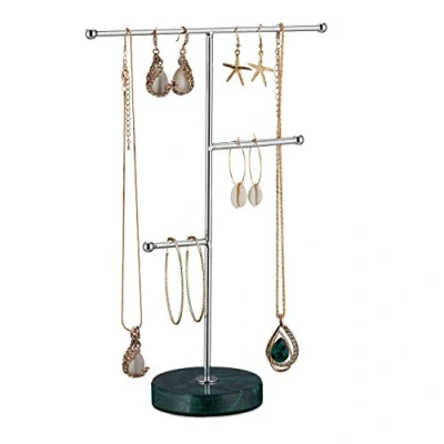 Immagine di relaxdays Portagioielli, Base in Marmo &amp; 3 Aste Porta Collane, Portagioielli per Orecchini Bracciali, Verde/Argento