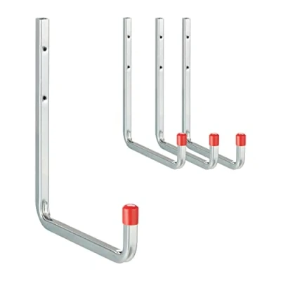 Immagine di Relaxdays Set da 4 Ganci Porta Utensili Parete, Fino a 40 kg, Attrezzi Giardino e Officina, Acciaio, Argento Rosso
