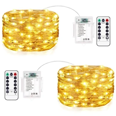 Immagine di Vacoulery Lucine Led Decorative a Batteria, 2 Pezzi 10M 100LEDs 8 Modalità Stringa Luci Impermeabile con Telecomando, Timer e Dimmer per Interni Esterni, Natale, Feste, Camera (Bianco Caldo)