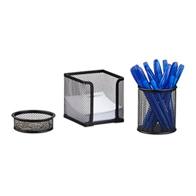 Immagine di Relaxdays Set da Scrivania, Cancelleria Ufficio, 3 Accessori, Portaoggetti, Porta Foglietti, Portapenne, Nero