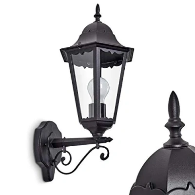 Immagine di lampada da parete per esterni Hongkong, esterno rivolta verso l&#039;alto in stile antico, fusione di alluminio, nero opaco con vetri, E27, retro/vintage terrazza/cortile, senza lampadina