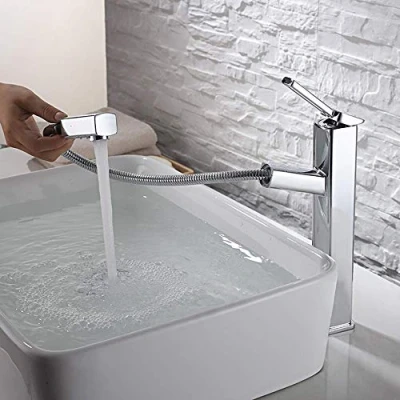 Immagine di Kaiying, rubinetto per lavabo con doccetta estraibile, monoforo bocca cucina girevole, ottone Cromo alto
