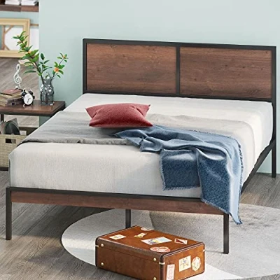 Immagine di Zinus Mory Letto 140 x 200 cm, altezza 30 in metallo e legno, con testiera divisa doghe colore: Marrone