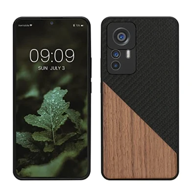 Immagine di kwmobile Cover Compatibile con Xiaomi 12T / Pro Custodia in Fibra di Carbonio e Legno Bumper Anti Urto Back Protection marrone scuro/nero