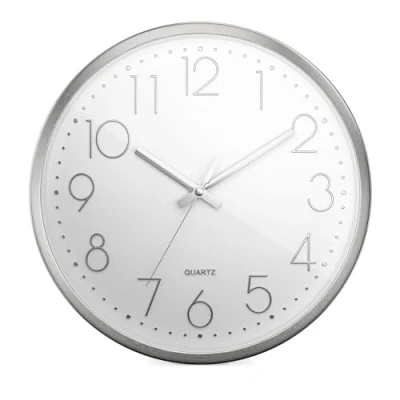 Immagine di Mebus Orologio da parete al quarzo, silenzioso, senza ticchettio, telaio in alluminio, quadrante arabo, numeri 3D, lancette 30 cm, colore: argento/bianco