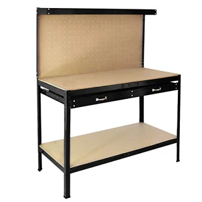 Immagine di T Mech Banco da Lavoro a 3 Livelli con Piano 120x60cm Ultra Resistente e Pannello Parete Forata Porta Attrezzi Utensili 40 Ganci universali GRATIS + 2 Mensole Cassetto Nero