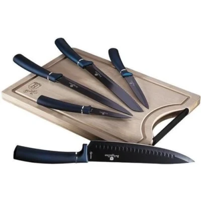 Immagine di BerlingerHaus BH 2553, Aquamarine Set di 5 Coltelli da Cucina Professionali, Tagliere in Bambù, Lama Acciaio Inossidabile, Rivestimento Antiaderente, Pane, Affettare, Design Metallic Line