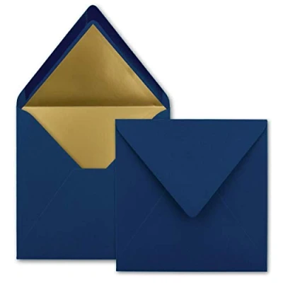 Immagine di 10x buste quadrate 15,5 x cm Colore: blu scuro foderato con carta metallizzata oro Incollaggio a umido per inviti e saluti cari