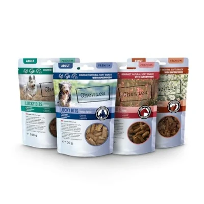 Immagine di Chewies Lucky Bits Set di degustazioni per cani, senza cereali e morbidi, con molte proteine superalimenti zucchero, cavallo, cervo persico (4 x 100 g)