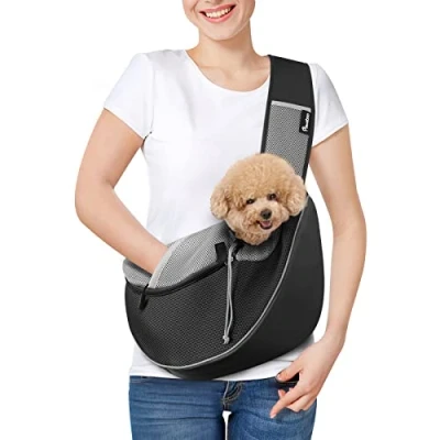 Immagine di Pawaboo Borsa per Cani, Trasportino Cani con Tasca Tattile Cerniera, Porta Cane Tracolla Regolabile, Marsupio in Rete Traspirante Viaggio, Ciclismo, Taglia M Nero