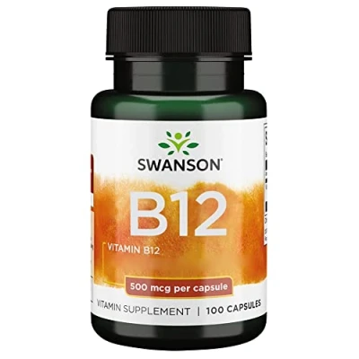 Immagine di Swanson, Vitamina B12, Cianocobalamina, 500mcg, 100 Capsule, Altamente Dosato, Testato in Laboratorio, Senza Soia, Glutine, Non OGM