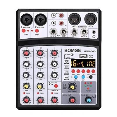 Immagine di BOMGE Mixer audio DJ a 4 canali 16 DSP Echo, console con interfaccia di mixaggio per karaoke MP3, USB, Bluetooth, registrazione stereo, potenza phantom da 48 V (04D Nero)