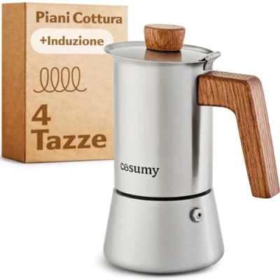 Immagine di Cosumy Caffettiera Induzione Moka 200ml Tutti gli tipi di fornelli 4 Tazze in Acciaio Inox e Quercia Sostenibile Manico Anti Scottatura Express