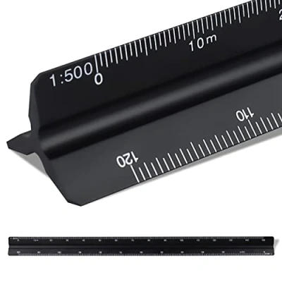 Immagine di Righello triangolare in metallo per architetti, 30 cm, scala 1:100, 1:200, 1:250, 1:300, 1:400, 1:500 (nero)