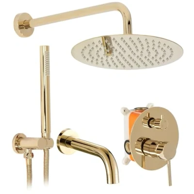 Immagine di Rea LUNGO GOLD + BOX VASCA INCASSO Set Doccia Sistema in Ottone per Bagno (Oro)