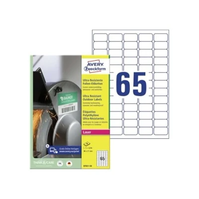 Immagine di AVERY Zweckform B7651 50 Etichette resistenti (3.250 adesivi, 38 x 21 mm su A4, estremamente resistenti, autoadesive, per superfici difficili, pellicola adesiva stampabile), fogli, bianco