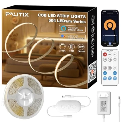 Immagine di PAUTIX WIFI Smart Striscia led cob 7.5m Bianco Caldo 2700K,504LED/M 24V Dimmerabile strip Lavora con Alexa,Telecomando RF e Alimentatore per la decorazione domestica fai da te