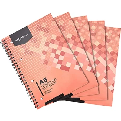 Immagine di Amazon Basics Quaderno con rilegatura a spirale, 80 fogli/160 pagine, formato A5, 70 g/m², (confezione da 5), Bianca