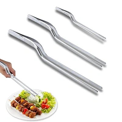 Immagine di Pinze da Cucina in Acciaio Inox,3pcs Pinzette per Cucina,Pinzetta Curva Inossidabile Impiattare,Pinzette Angolate Chef,Pinze Placcatura,Pinza Multiuso e Multifunzione