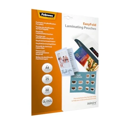 Immagine di Fellowes Pouches per plastificazione documenti, formato A4, Finitura lucida, confezione da 25 pezzi, 160 micron, 2x80 di alta qualità, preforate, adatti menù e istruzioni