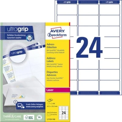 Immagine di Avery Zweckform L7159 100, 100 Fogli, Etichette indirizzi per Buste Formato C6, 63,5 x 33,9 mm