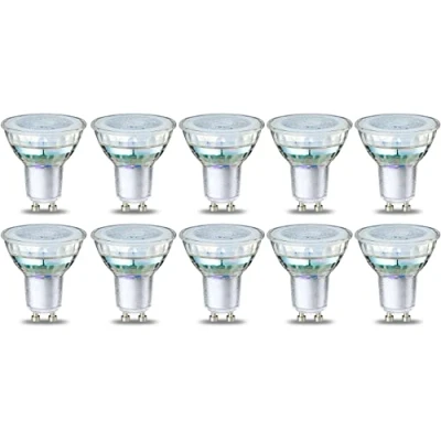 Immagine di Amazon Basics Confezione da 10 faretti LED GU10, 4 W (equivalente a 50 W), con filamento trasparente, bianca calda, non dimmerabili