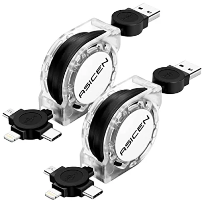 Immagine di Cavo di Ricarica Multiplo da 1m, Confezione 2 Cavi Retrattile Multi Veloce 3 in 1 USB con Lightning/Micro USB/Tipo C per iPhone,iPads,Galaxy,PS, e Più