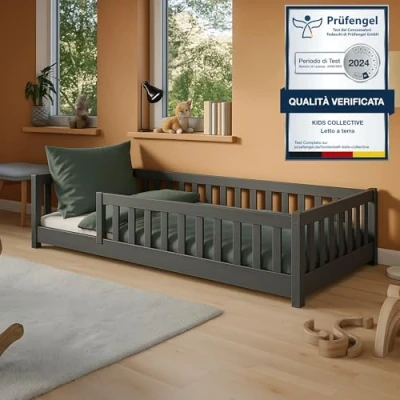 Immagine di letto per bambini 80x180 cm con protezione anticaduta e rete a doghe, Montessori, lettino, ragazzi, singolo Grafite da 3 12 anni