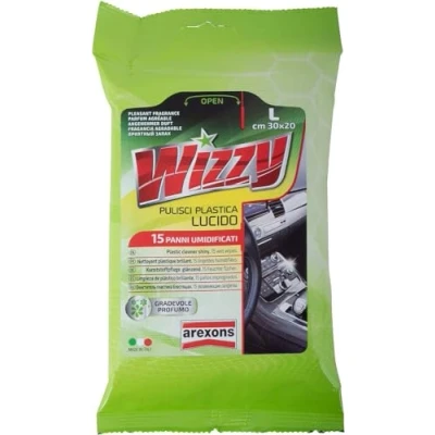 Immagine di AREXONS WIZZY PULISCI plastica LUCIDO, 15 salviettine umidificate per superfici interne in auto, usa e getta, panni imbibiti rimuovi sporco, profumate, rinnova lucida