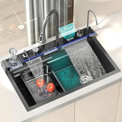 Immagine di Lavandino Cucina Nuovo Lavello Da Nano, A Cascata Nero In Acciaio Inossidabile 304, Con Display Digitale Multifunzionale, Rubinetto Estraibile Per Pioggia (Size : 68x45x22CM)