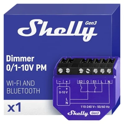 Immagine di Shelly Dimmer 0/1 10 V PM Gen3, WLAN, Bluetooth Smart Dimmer,Controller con Misurazione Corrente,Controllo della luce,App iOS Android,Nessun hub Richiesto,Compatibile Alexa e Google Home, Blu