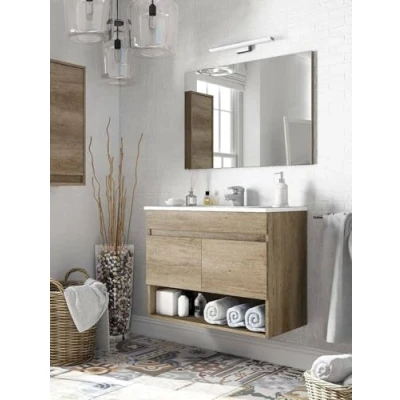 Immagine di Dmora Mobile sottolavabo sospeso, con Due Ante battenti e Un ripiano Uno Specchio, Colore Quercia Effetto Legno Non trattato, cm 80 x 64 45