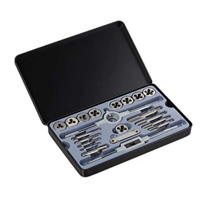 Immagine di Relaxdays Set per Filettatura M3 M12, con 9 Filiere &amp; Maschi Filettare, Giramaschio, Filettatore, Argento