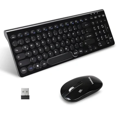 Immagine di LeadsaiL Tastiera e mouse wireless Combo, silenzioso, ricevitore USB 2,4 GHz, con pulsante DPI, per PC, laptop, layout tedesco QWERTZ, funzionamento a batteria, colore nero