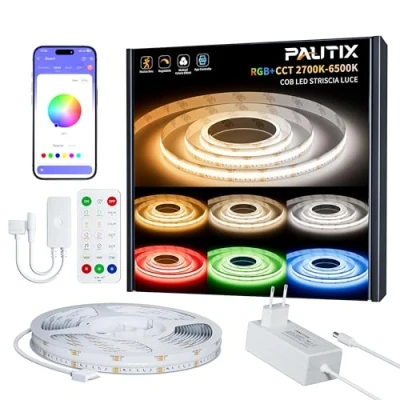 Immagine di PAUTIX RGBCCT LED Striscia COB 5M,RGB+WW/CW 2700K 6500K Cambia Colore Dimmerabile 24V Strip Kit con Telecomando RF e Alimentatore,Incluso Gruppo Controllo,Musica Modalità per DIY Home Decor