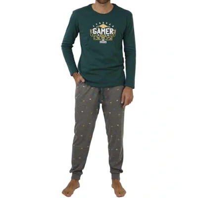 Immagine di FM Pigiama invernale da uomo, set 2 pezzi, in cotone, con maglietta a maniche lunghe e pantaloni per l&#039;inverno primavera autunno, Gamer Verde, XL