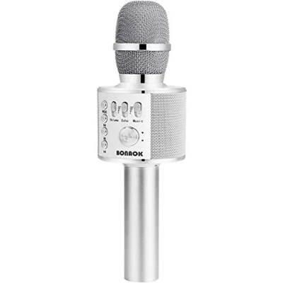 Immagine di Microfono Karaoke Wreless Bluetooth BONAOK, 3 in 1 Palmare Portatile Mic Regalo di Compleanno Altoparlante per Feste a Casa iPhone/Android/iPad,PC Smartphone （Argento）