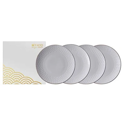 Immagine di TOKYO Design studio Nippon White Set di 4 Piatti, Bianco, con Bordo in Oro, Ø 19 cm, Altezza ca. 2 Porcellana Asiatica, Giapponese, Confezione Regalo incl.