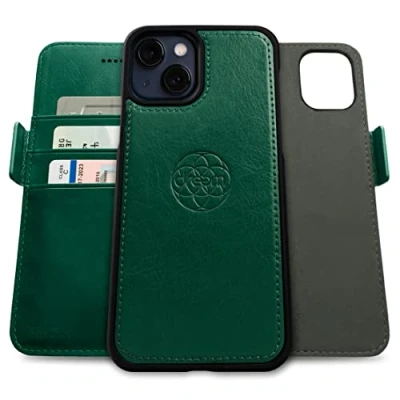 Immagine di dreem Fibonacci compatibile con iPhone 13 custodia a portafoglio/custodia antiurto 2 in 1 e folio pelle vegana staccabile, MagSafe, protezione RFID [Verde]