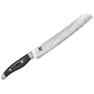 Immagine di Kai Shun Nagare Coltello da Pane Lunghezza Lama 23 cm 72 Strati di Acciaio Damasco VG 2 &amp; 10 a Doppio Nucleo Manico in Legno Pakka Grigio Nero Fatto Mano Giappone